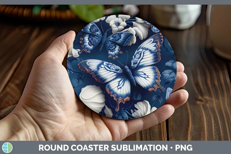 Blue and White Porcelain Butterflies Round Coaster Sublimati