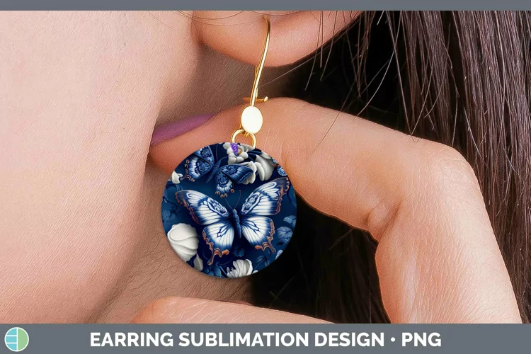 Blue and White Porcelain Butterflies Round Earrings Sublimat
