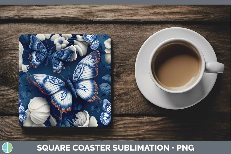 Blue and White Porcelain Butterflies Square Coaster Sublimat