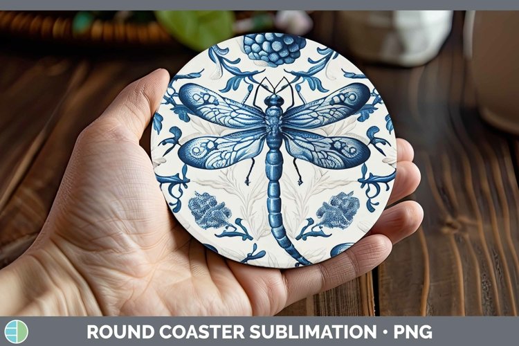 Blue and White Porcelain Dragonflies Round Coaster Sublimati example image 1