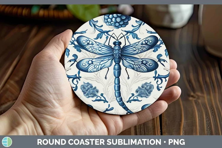 Blue and White Porcelain Dragonflies Round Coaster Sublimati