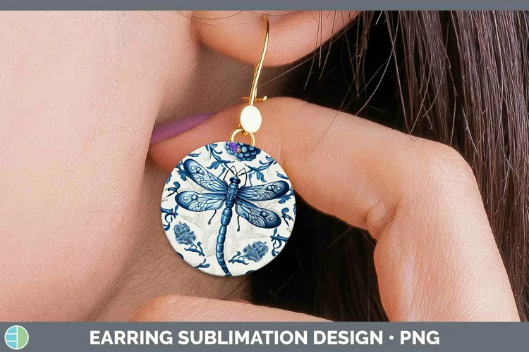 Blue and White Porcelain Dragonflies Round Earring Sublimati