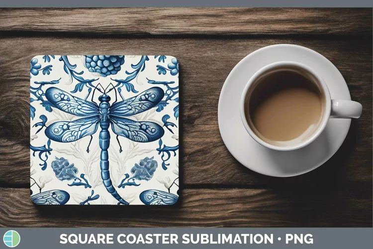 Blue and White Porcelain Dragonflies Square Coaster Sublimat