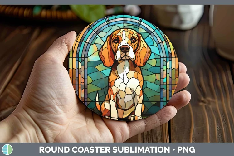 Stained Glass Dog Beagle Round Coaster Sublimation Coaster D