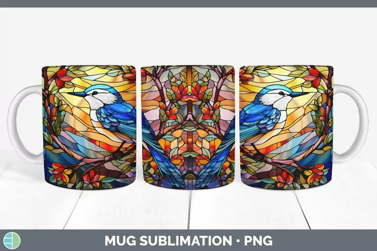 Stained Glass Bird Nuthatch Mug Wrap Sublimation Coffee Cup