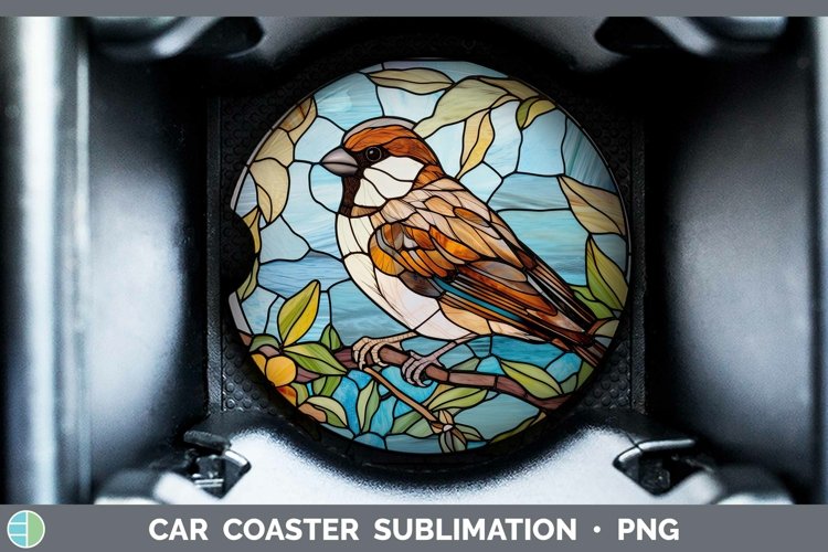 Stained Glass Bird Sparrow Car Coaster Sublimation Coaster D example image 1