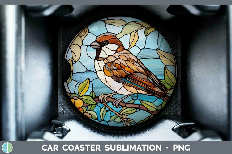 Stained Glass Bird Sparrow Car Coaster Sublimation Coaster D