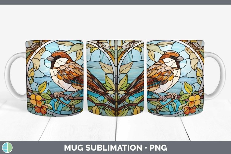 Stained Glass Bird Sparrow Mug Wrap Sublimation Coffee Cup D example image 1