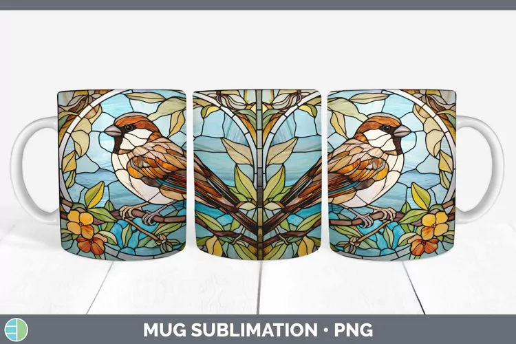 Stained Glass Bird Sparrow Mug Wrap Sublimation Coffee Cup D