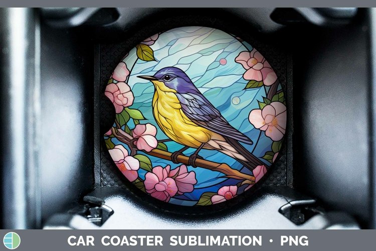 Stained Glass Bird Warbler Car Coaster Sublimation Coaster D example image 1