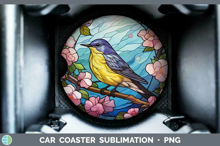 Stained Glass Bird Warbler Car Coaster Sublimation Coaster D