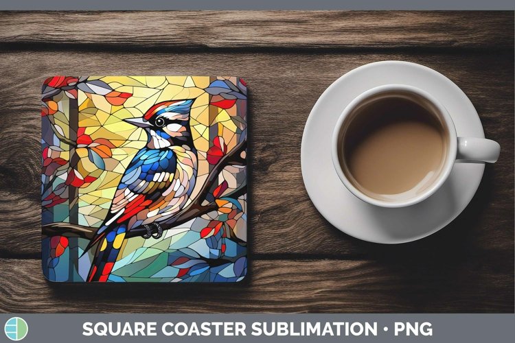 Stained Glass Bird Woodpecker Square Coaster Sublimation Coa example image 1