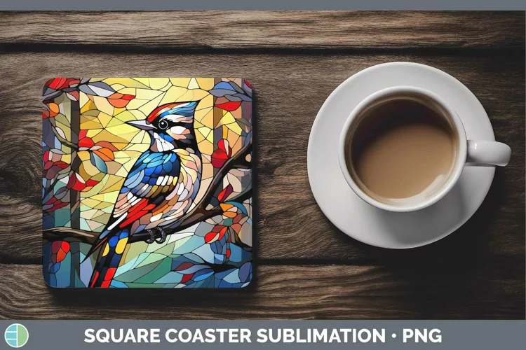 Stained Glass Bird Woodpecker Square Coaster Sublimation Coa