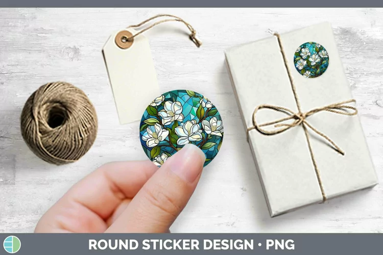 Stained Glass Flowers Gardenia Stickers | Round Labels Desig