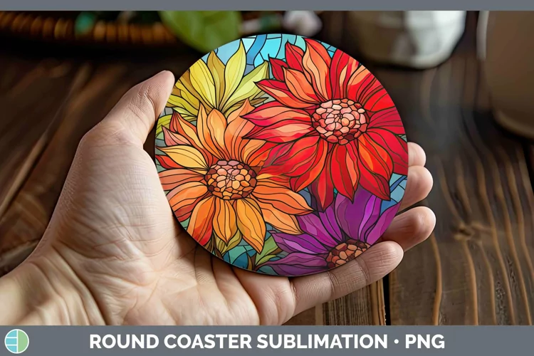 Stained Glass Flowers Gerbera Daisy Round Coaster Sublimatio