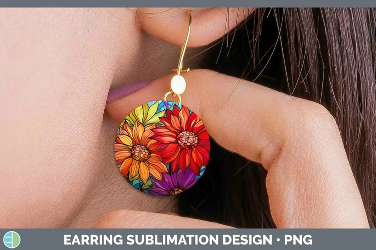 Stained Glass Flowers Gerbera Daisy Round Earrings Sublimati