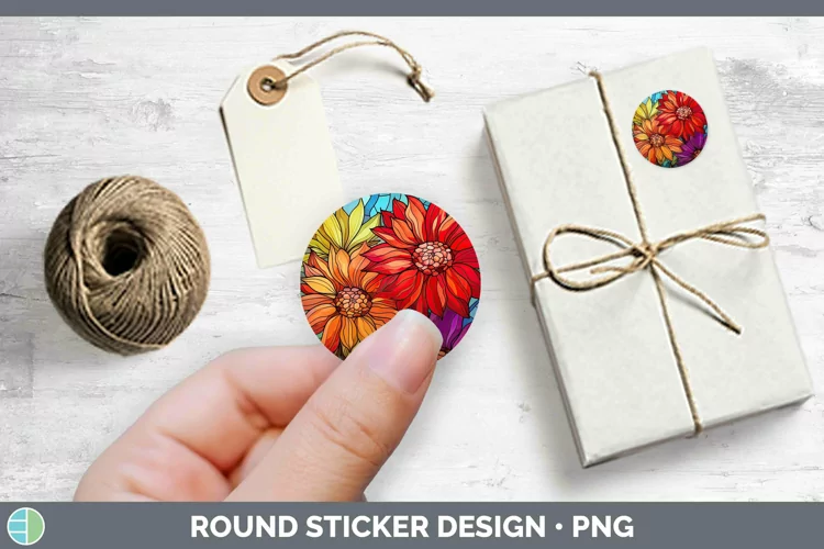 Stained Glass Flowers Gerbera Daisy Stickers | Round Labels