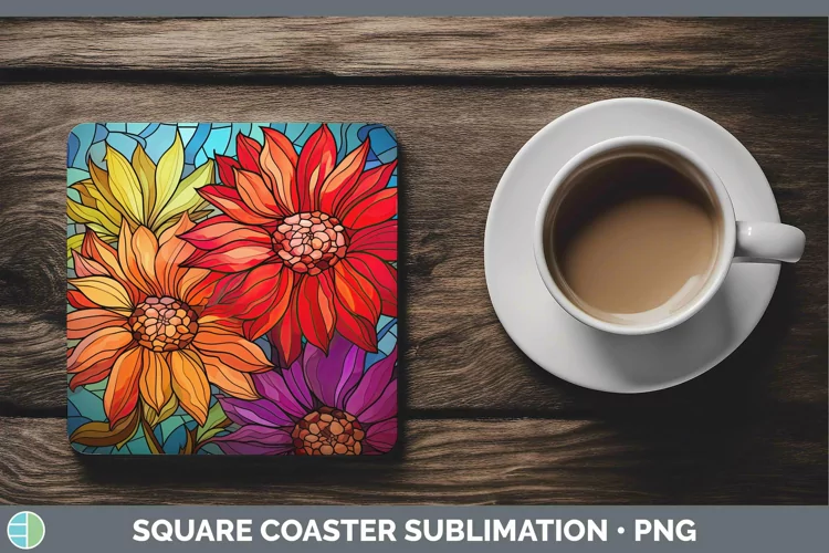 Stained Glass Flowers Gerbera Daisy Square Coaster Sublimati