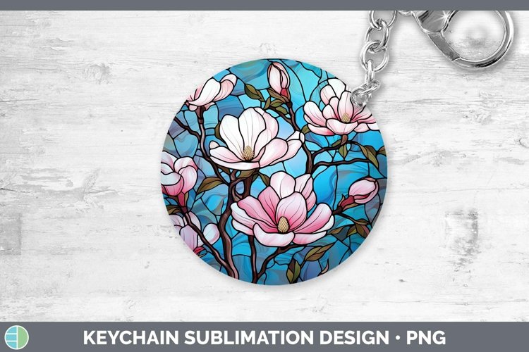 Stained Glass Flowers Magnolia Keychain Sublimation Keyring example image 1