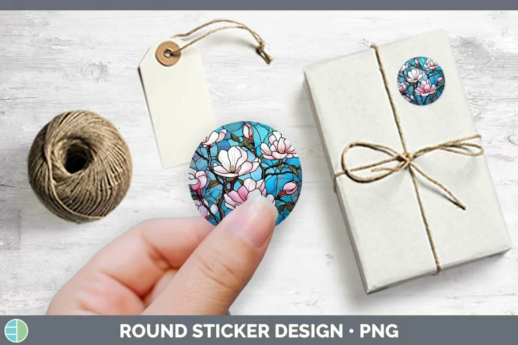 Stained Glass Flowers Magnolia Stickers | Round Labels Desig