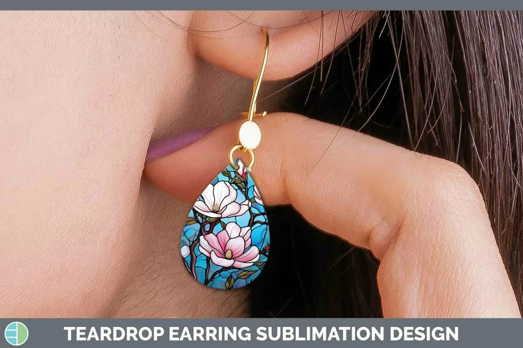 Stained Glass Flowers Magnolia Teardrop Earrings Sublimation