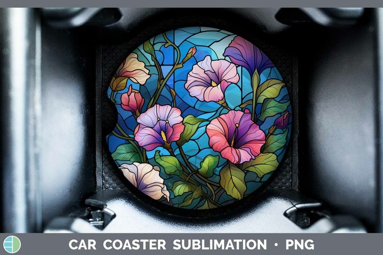 Stained Glass Flowers Morning Glory Car Coaster Sublimation example image 1