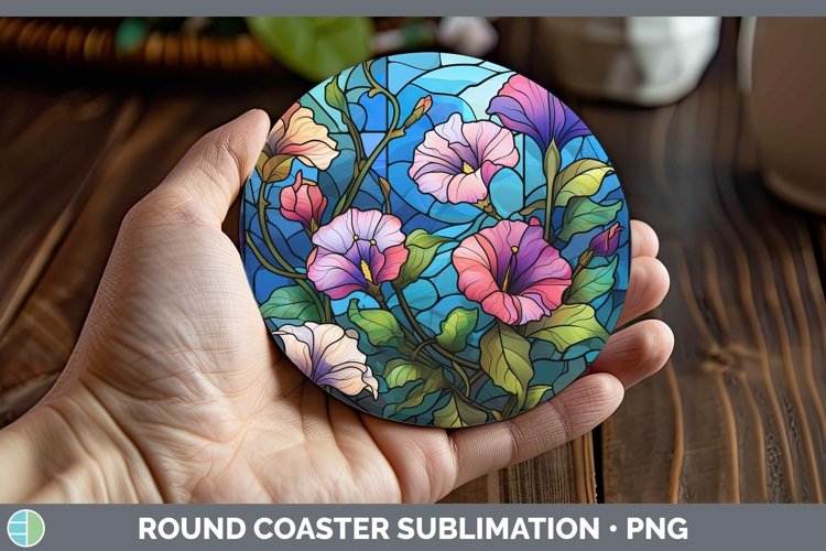 Stained Glass Flowers Morning Glory Round Coaster Sublimatio example image 1