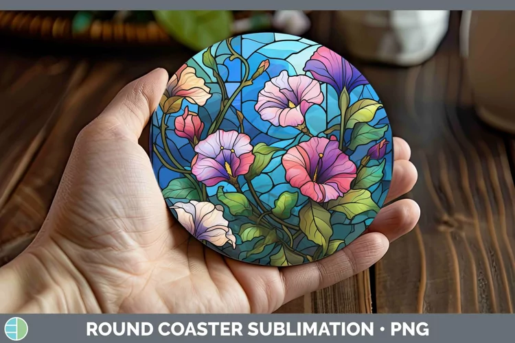 Stained Glass Flowers Morning Glory Round Coaster Sublimatio