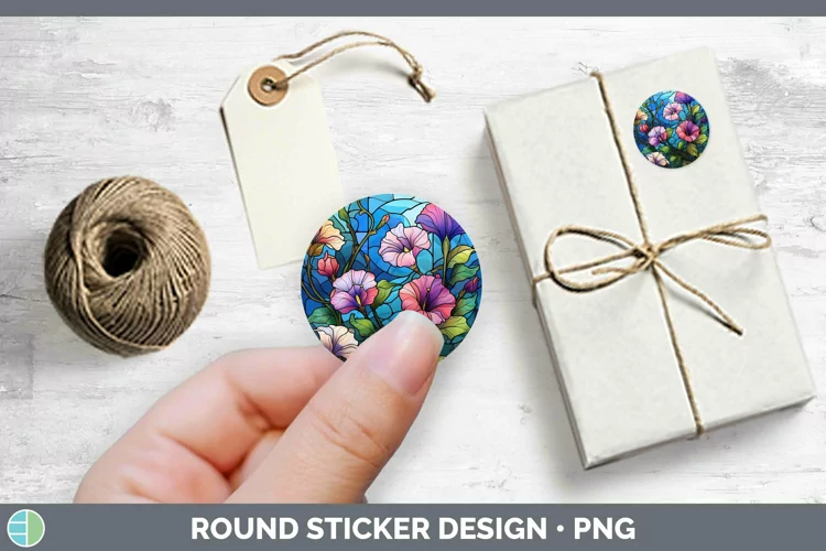 Stained Glass Flowers Morning Glory Stickers | Round Labels