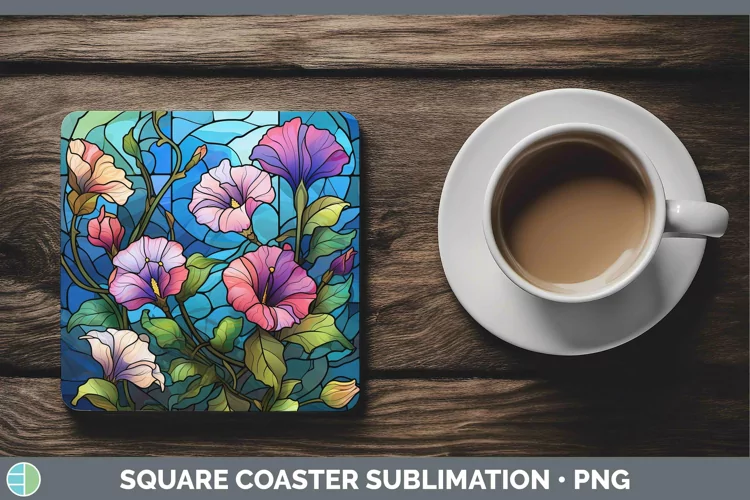 Stained Glass Flowers Morning Glory Square Coaster Sublimati