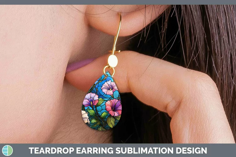 Stained Glass Flowers Morning Glory Teardrop Earrings Sublim