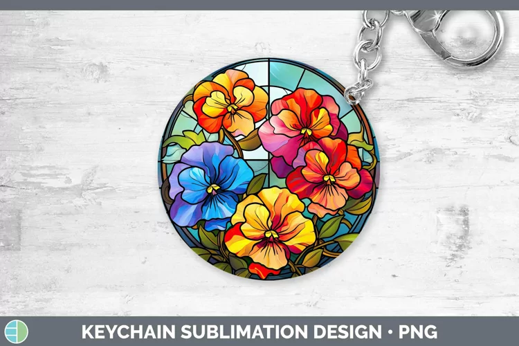 Stained Glass Flowers Pansy Keychain Sublimation Keyring Des