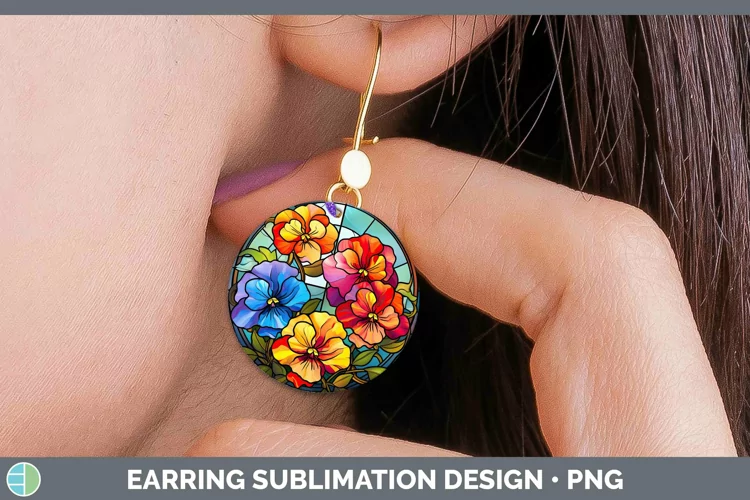 Stained Glass Flowers Pansy Round Earrings Sublimation Earri