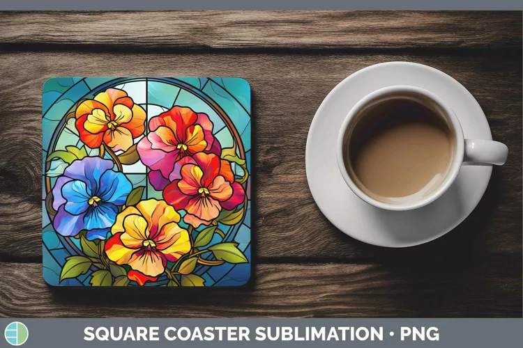 Stained Glass Flowers Pansy Square Coaster Sublimation Coast