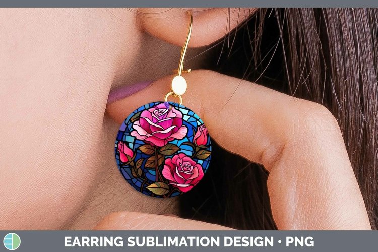 Stained Glass Flowers Rose Round Earrings Sublimation Earrin example image 1
