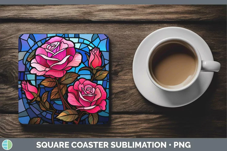 Stained Glass Flowers Rose Square Coaster Sublimation Coaste