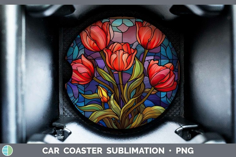 Stained Glass Flowers Tulip Car Coaster Sublimation Coaster example image 1