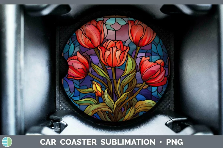Stained Glass Flowers Tulip Car Coaster Sublimation Coaster