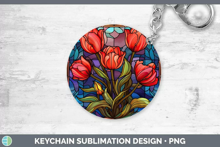 Stained Glass Flowers Tulip Keychain Sublimation Keyring Des