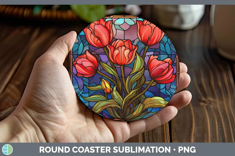 Stained Glass Flowers Tulip Round Coaster Sublimation Coaste