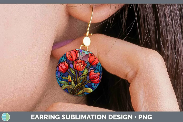 Stained Glass Flowers Tulip Round Earrings Sublimation Earri