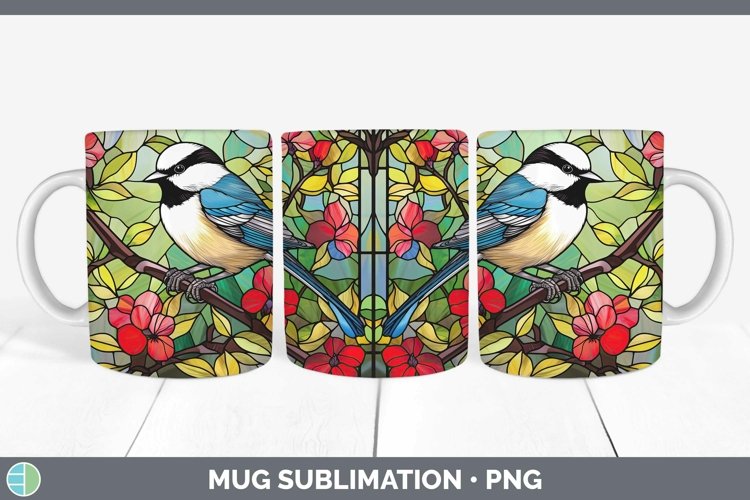 Stained Glass Chickadee Mug Wrap Sublimation Coffee Cup Desi example image 1