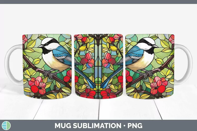Stained Glass Chickadee Mug Wrap Sublimation Coffee Cup Desi