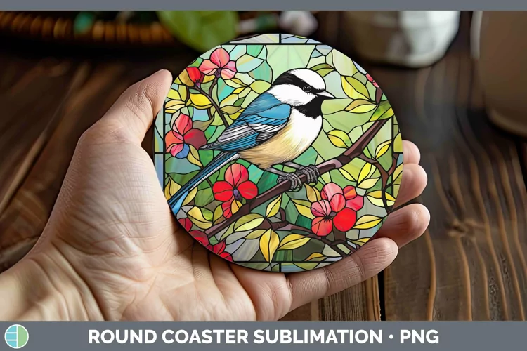 Stained Glass Chickadee Round Coaster Sublimation Coaster De