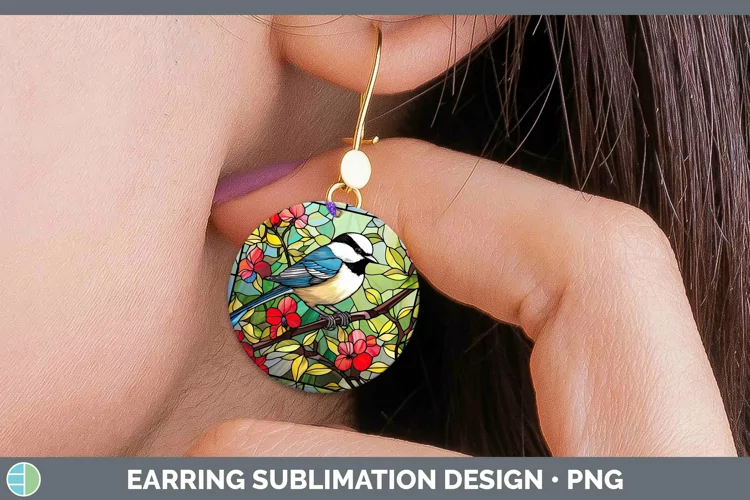 Stained Glass Chickadee Round Earrings Sublimation Earrings