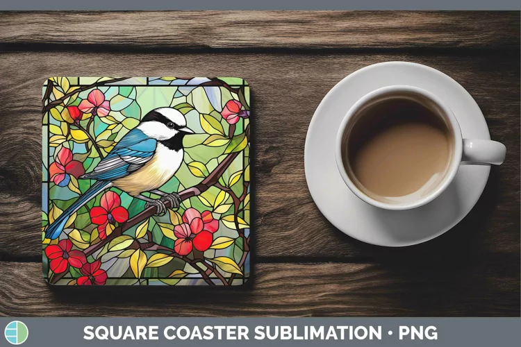 Stained Glass Chickadee Square Coaster Sublimation Coaster D