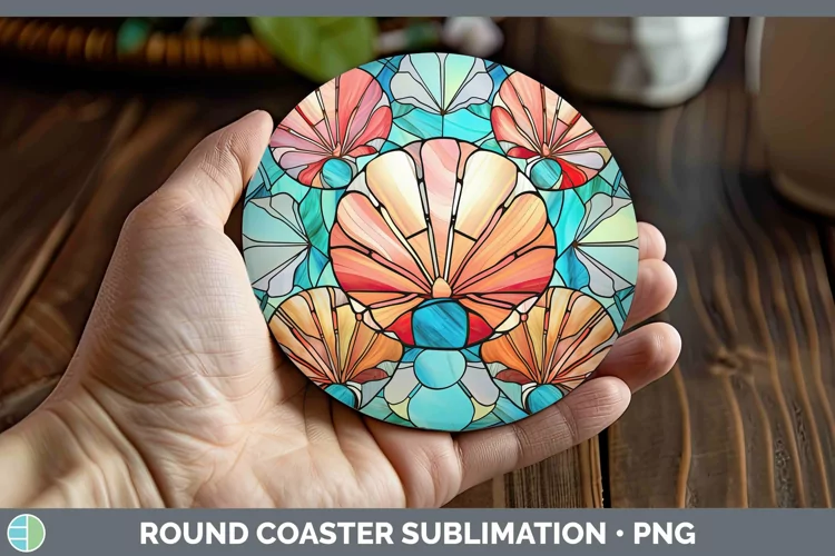 Stained Glass Seashell Round Coaster Sublimation Coaster Des