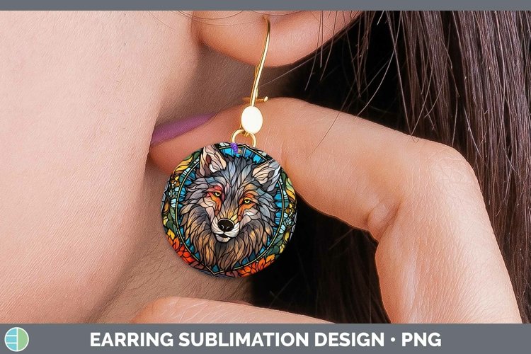 Stained Glass Wolf Round Earrings Sublimation Earrings Desig example image 1