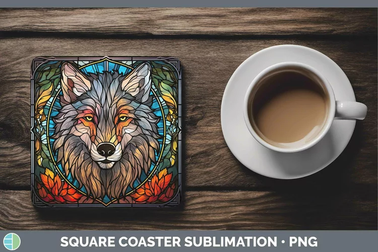Stained Glass Wolf Square Coaster Sublimation Coaster Design