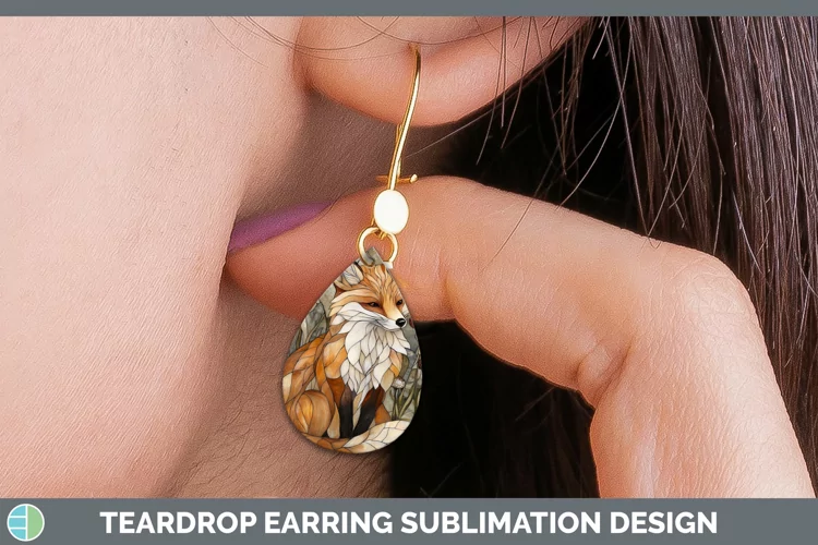 Stained Glass Woodland Fox Teardrop Earrings Sublimation Ear